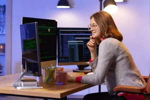 Happy female programmer with cup of coffee and computers working in office at Stock Photos