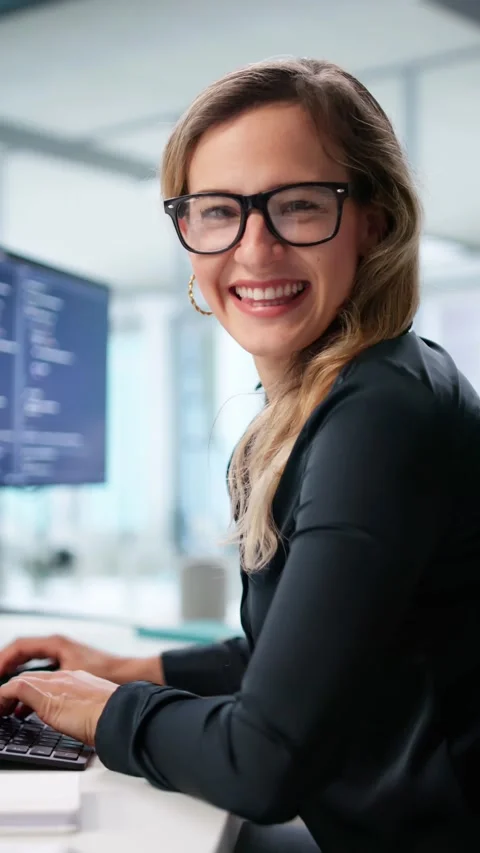 Happy Female Programmer Working On Multiple Screens Stock Footage 315209174