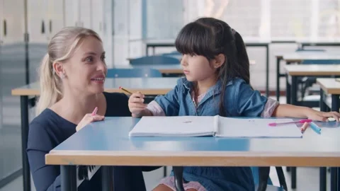 Happy female school teacher and Latin schoolgirl Video stock 147121053