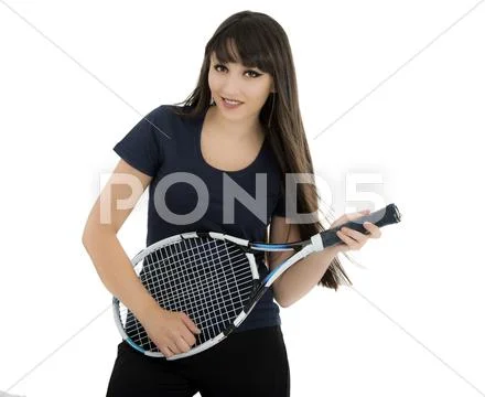 Happy female tennis player playing on racket as on guitar Stock Photos