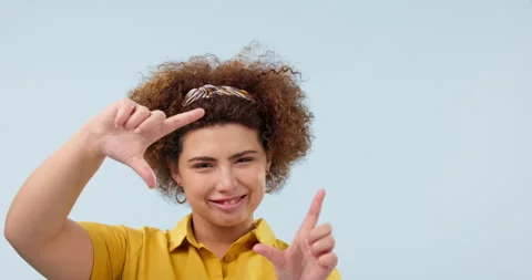 Happy, finger camera and face of woman in a studio with good, positive and Stock Footage 251801924