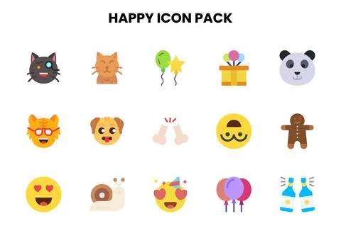 Happy Flat Vector Icons Pack Stock Illustration