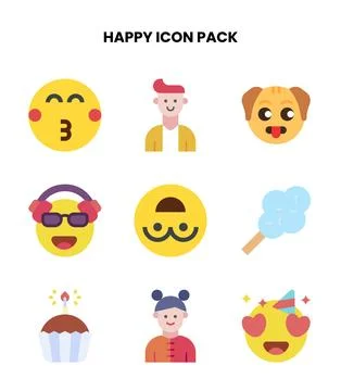 Happy Flat Vector Icons Pack Stock Illustration