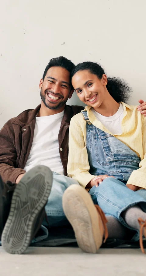 Happy, floor and face of couple in home with bonding, love and care together by Stock Footage 340905660