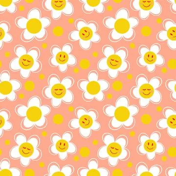Happy flowers vector repeat pattern, pink background 스톡 일러스트