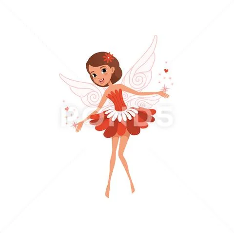Happy flying fairy spreading magical dust. Cartoon brown-haired girl wearing Stock Illustration