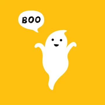 Happy flying Ghost with white speech bubble Boo. Smiling face, hands. Flat Stock Illustration