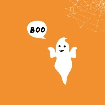 Happy flying Ghost with white speech bubble Boo. Smiling face, hands. Flat de Stock Illustration