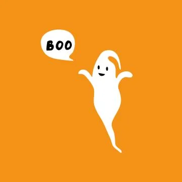 Happy flying Ghost with white speech bubble Boo. Smiling face, hands. Flat de Stock Illustration
