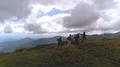 The happy four people dancing on a mountain top with a beautiful landscape 4k or 4k+ Resolution