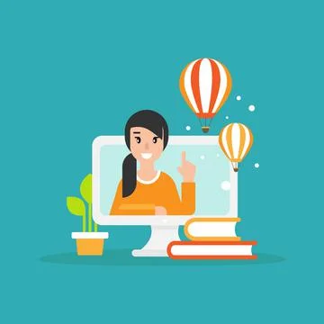 Happy freelancer on computer screen with books, headset and air balloons. イラスト素材
