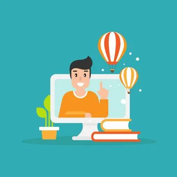 Happy freelancer on computer screen with books, headset and air balloons. Stock Illustration