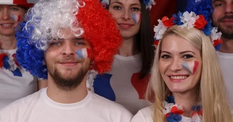Happy French Supporters People Presentation Sport Team Fans Smiling Look Camera Stock Footage