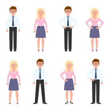 Happy, friendly office worker man and woman vector illustration. Front view s Stock Illustration