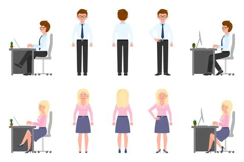 Happy, friendly office worker man and woman vector illustration. Front, side, Stock Illustration