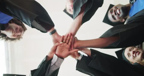 Happy, friends and hand stack for graduation pride, degree completion or diploma Stock Footage 346458849