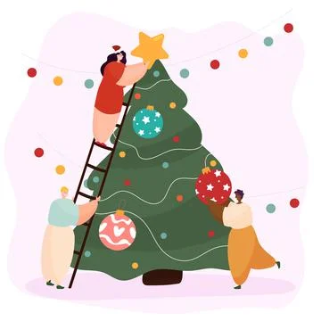 Happy friends decorate the Christmas tree along with garland and Christmas balls Stock Illustration