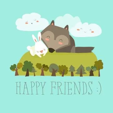 Happy friends in the forest. Wolf,rabbit Stock Illustration