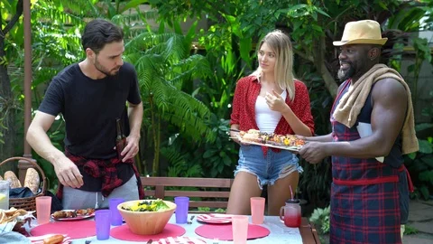 Happy friends fun at in the backyard Video stock 113565618