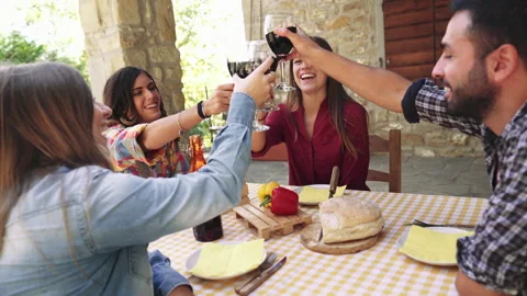 Happy friends having fun drinking red wine out side at farm house bar - Young pe Stock Footage 237454541