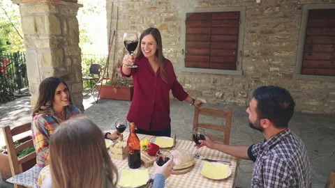 Happy friends having fun drinking red wine out side at farm house bar - Young pe Stock Footage 237455227