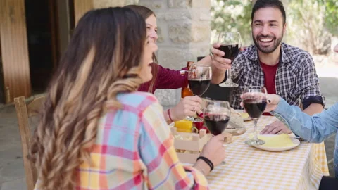 Happy friends having fun drinking red wine out side at farm house bar - Young pe Stock Footage 237455718