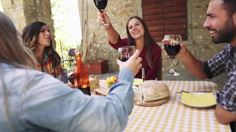 Happy friends having fun drinking red wine out side at farm house bar - Young pe Stock Footage 237455723