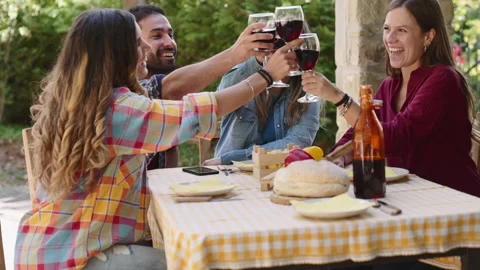 Happy friends having fun drinking red wine out side at farm house bar - Young pe Stock Footage 237455852