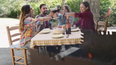 Happy friends having fun drinking red wine out side at farm house bar - Young pe Stock Footage 237455853