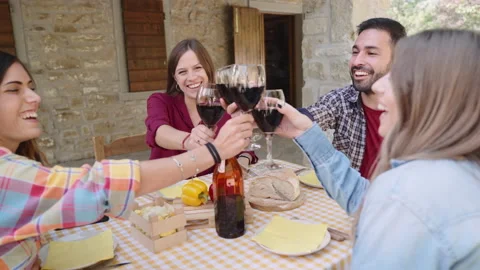 Happy friends having fun drinking red wine out side at farm house bar - Young pe Stock Footage 237456852