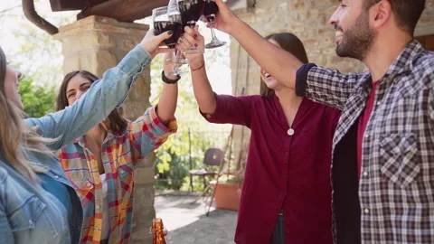 Happy friends having fun drinking red wine out side at farm house bar - Young pe Stock Footage 237465347