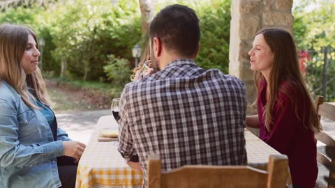 Happy friends having fun drinking red wine out side at farm house bar - Young pe Stock Footage 237465533
