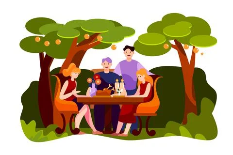 Happy friends having meat for dinner at summer garden party at night Stock Illustration