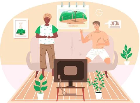 Happy friends playing computer game at home on weekend on theme of Jeju Island Stock Illustration