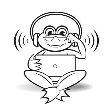 Happy frog with laptop in outline Stock Illustration