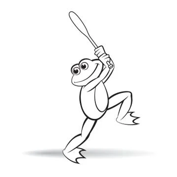 Happy frog playing baseball in outline Illustrazione stock