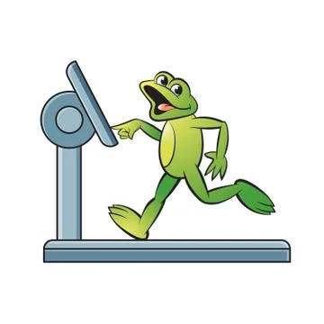 Happy frog running on treadmill Illustrazione stock
