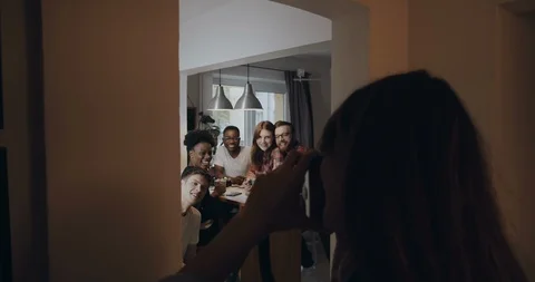 Happy fun young multiethnic student friends take an instant photo having food at Stock-Footage 116326026
