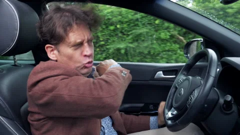 Happy funny man dancing driving car after end of corona virus quarantine isol Stock Footage 133205756