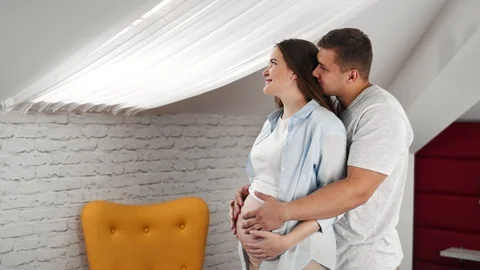Happy future father hugging expectant mother enjoying pregnancy together looking Video stock 111890498