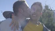 Happy Gay Couple Walking In San Francisco, Man Kisses His Boyfriend On Cheek Stock Footage
