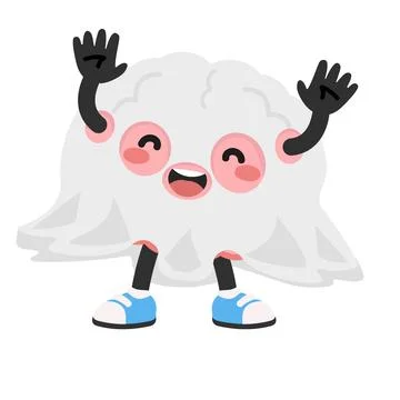Happy Ghost Mascot Character Dancing in White Sheet Costume Stock Illustration
