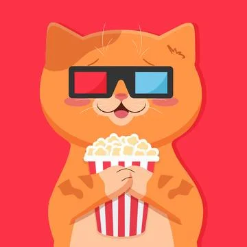 Happy ginger cat in 3d glasses holding popcorn bucket Stock Illustration
