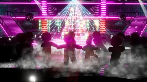Happy gingerbread men are dancing at the New Year's night disco. The concept of Stock Illustration