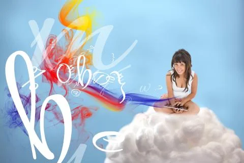 Happy girl connected to cloud computing Illustrazione stock