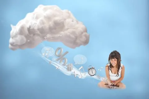 Happy girl connecting to cloud computing Illustrazione stock