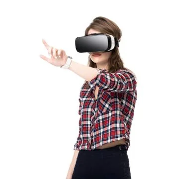 Happy girl getting experience using VR headset glasses of virtual reality, much Stock-Fotos