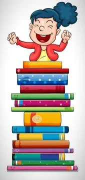 Happy girl jumping over stack of books Stock Illustration