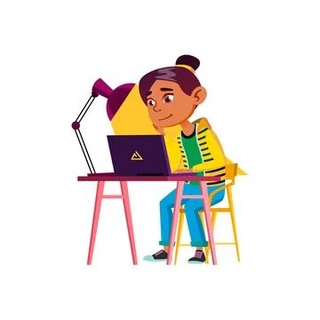 Happy girl make exercise on computer cartoon vector Stock Illustration