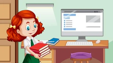 Happy girl next to study table Illustrazione stock